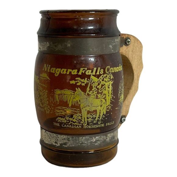Niagara Falls Canada Wooden Handle Amber Glass Mug  Canadian Horseride Souvenir - Picture 1 of 6